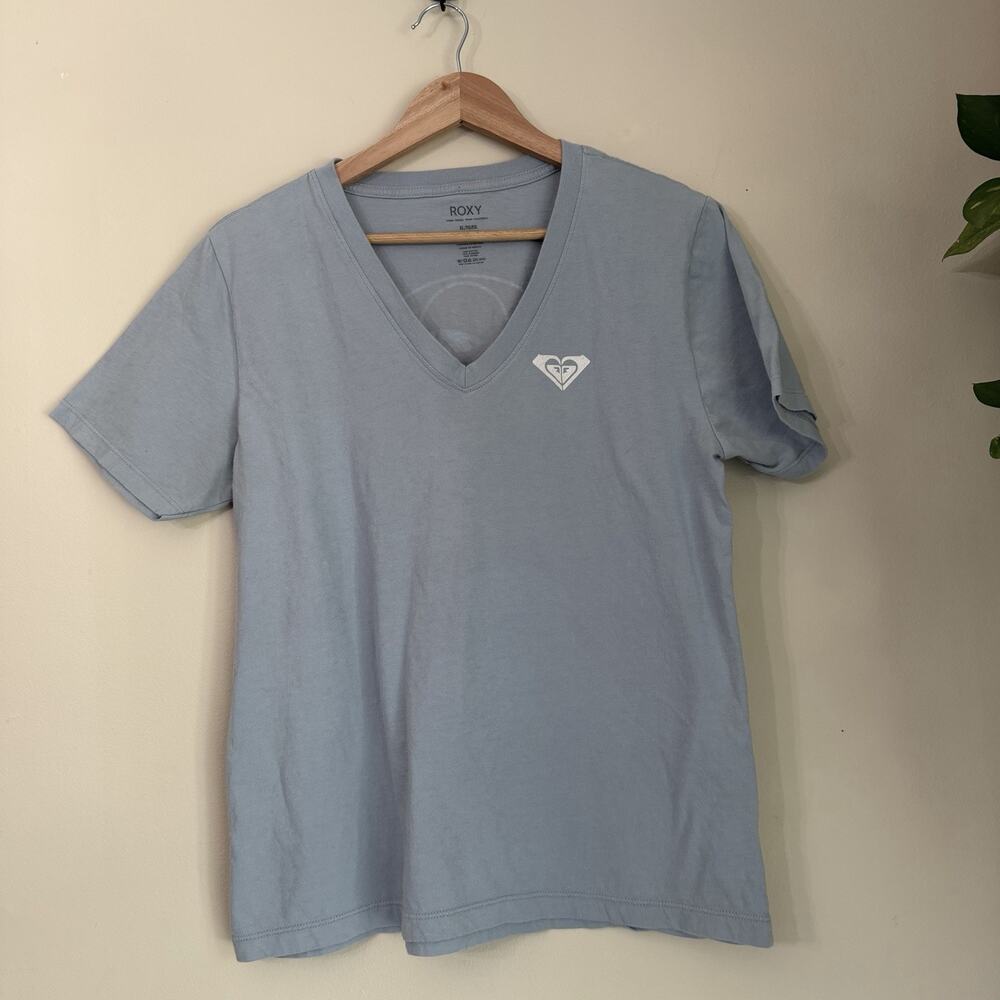 Roxy V Neck T Shirt Womens XL Blue Graphic Back Logo Casual Tee 100% Cotton